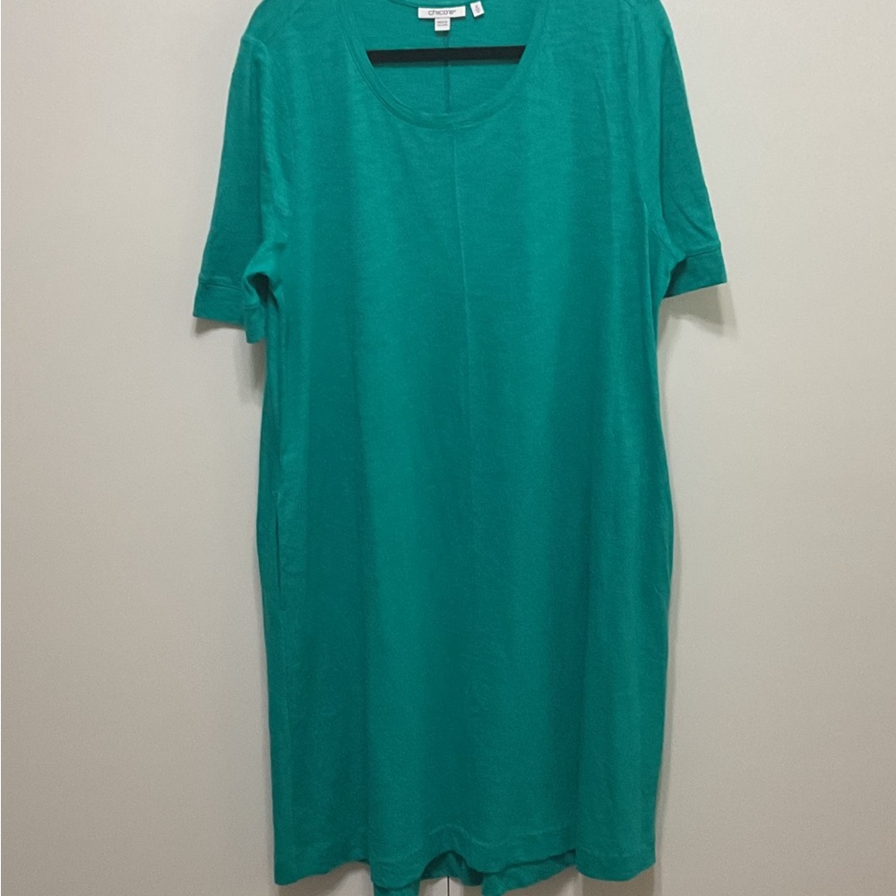 Chico's Teal Green Slub Knit Scoop Neck Tee Dress with Pockets, sz 2 (L,12/14)